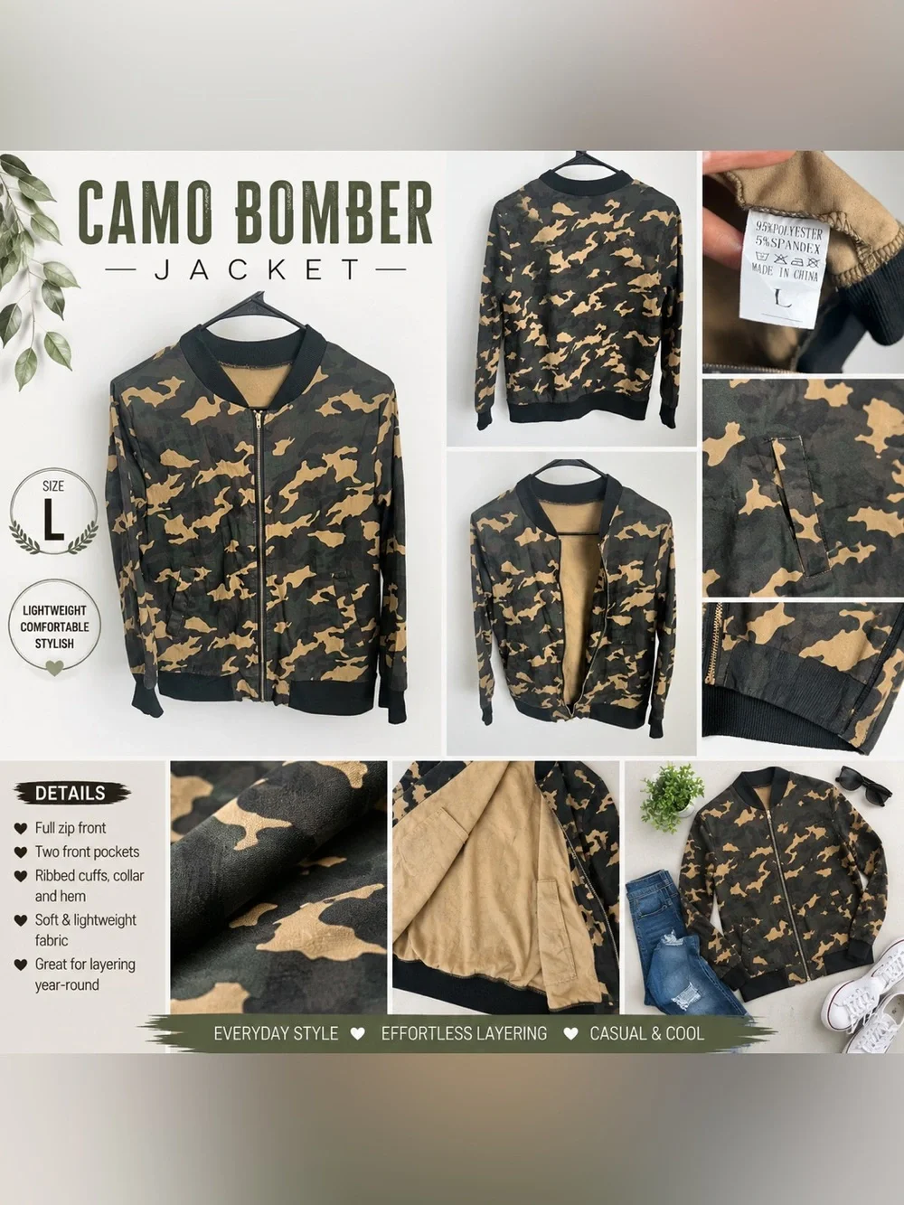 Camouflage bomber jacket. Women’s size L. Zip front with front pockets